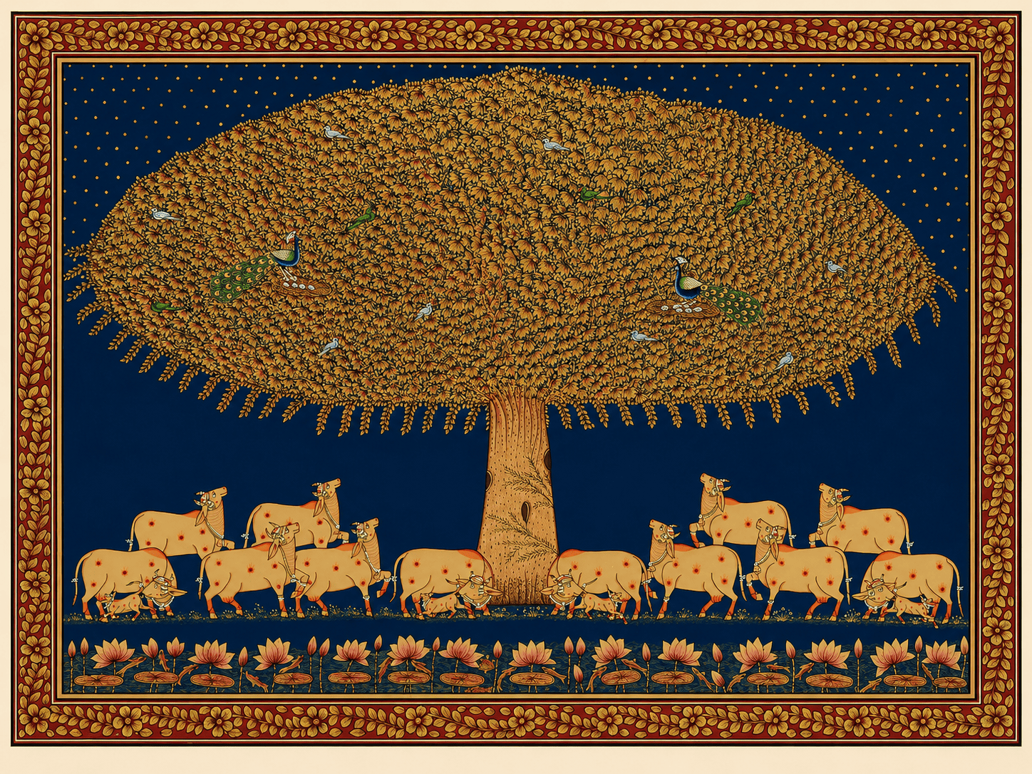 Tree of Life Pichwai Painting – Golden Kalpavriksha with Cows & Peacocks | 48x36 Inch